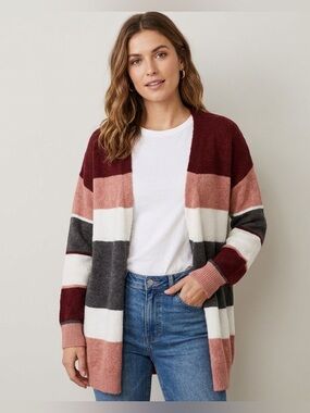 Pink Lily Maroon, Dusty Pink & Cream Striped Open Cardigan